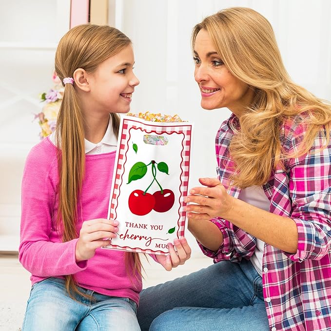 Cherry Party Favor Bags - 50Pcs Red Sweet Cherries Goody Candy Treat Gifts Bags, Fruit Berry Themed Party Decorations for Kids Girls Boys Birthday Baby Shower Fruit Events Supplies
