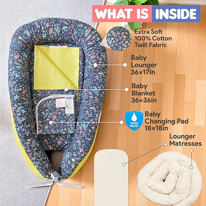 %100 Cotton Baby Lounger - 3 in 1 Baby Nest, Waffle Blanket, Waterproof Changing Mat, Deluxe Infant Lounger, Dock a tot, Portable Set, Newborn Essentials, Breathable Soft Cover, Travel Bed,Shower Gift