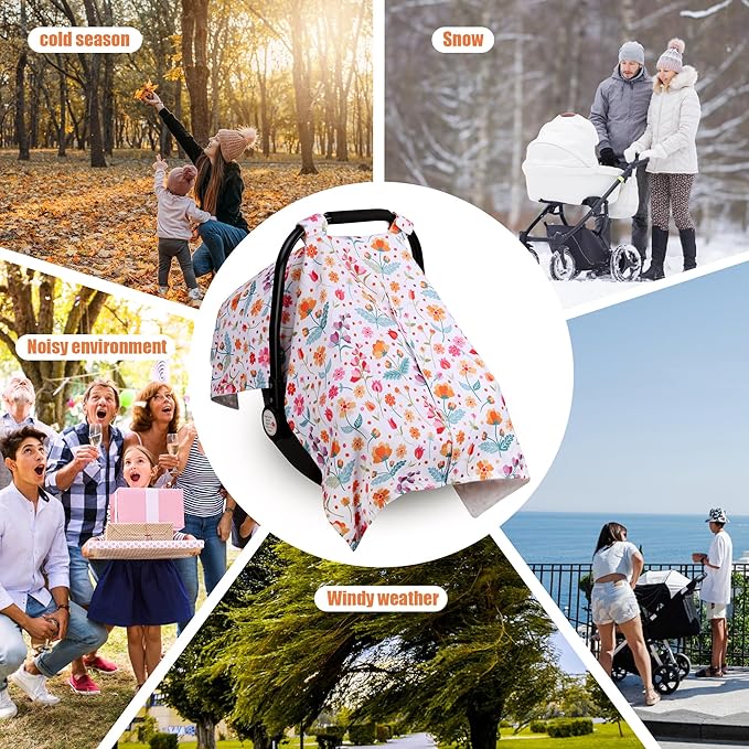 Metplus 2 in 1 Flowers Baby Car Seat Cover, Car Seat Canopy for Babies, Mom Multiuse Nursing Cover, Minky Baby Carrier Covers, Newborn Boy Girl, Peekaboo Opening