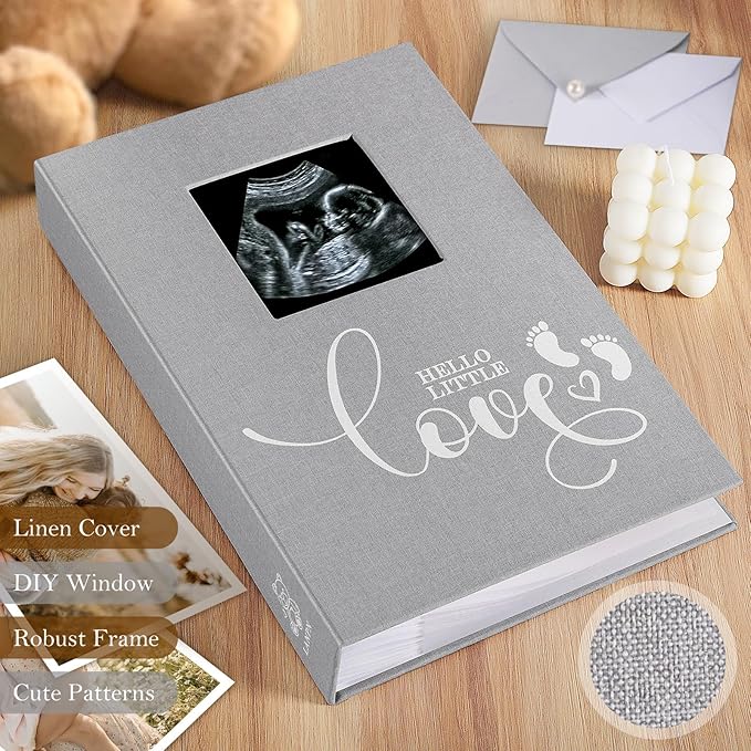Lanpn Baby Photo Album 4x6 300 Pockets, Linen Cover Ultrasound Album with Memo Writing Area, Bebe Sonogram Photobook, Slip-in Picture Book, Newborn Memory Book Keepsake Gifts for Boy Baby Shower Grey