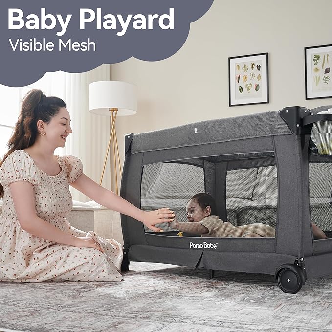 Pamo Babe Portable Playpen Foldable Playard for Baby and Toddler Mattress, Changing Table for Newborn Portable Playard