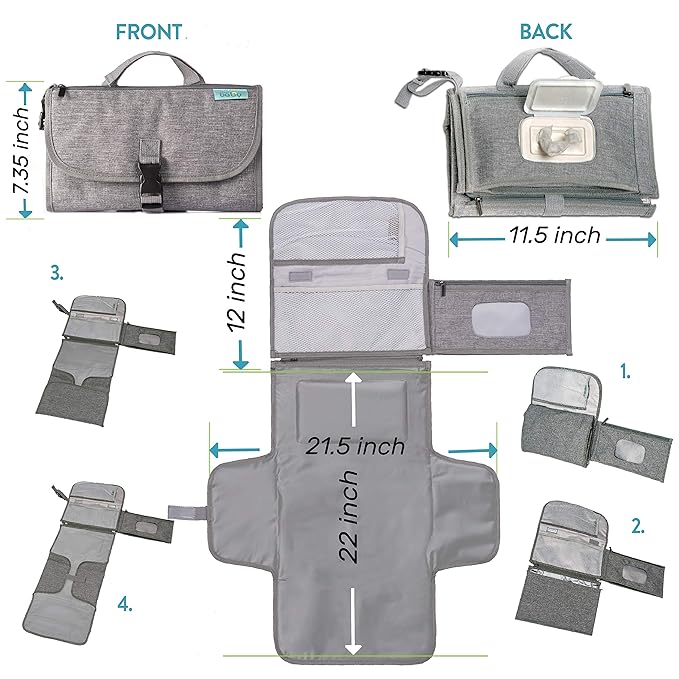 Kopi Baby Portable Diaper Changing Pad - Baby Diaper Changer Travel Bag with Wipes Pocket, Smart Design Portable Changing Mat, Infant Travel Station Kit, Gift for Newborn Girl & Boy - Grey, Classic