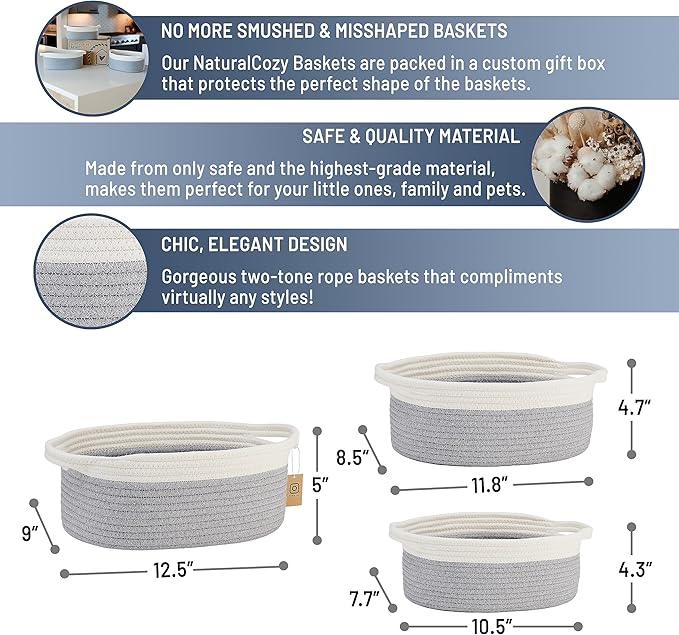 NaturalCozy 3-Piece Oval Storage Basket Set– Soft Natural Rope Woven Baskets for Storage Shelf, Toy, Nursery, Gift, Baby Shower, Pets Cat Dog Bins | Small Basket for Organizing (Off White & Gray)