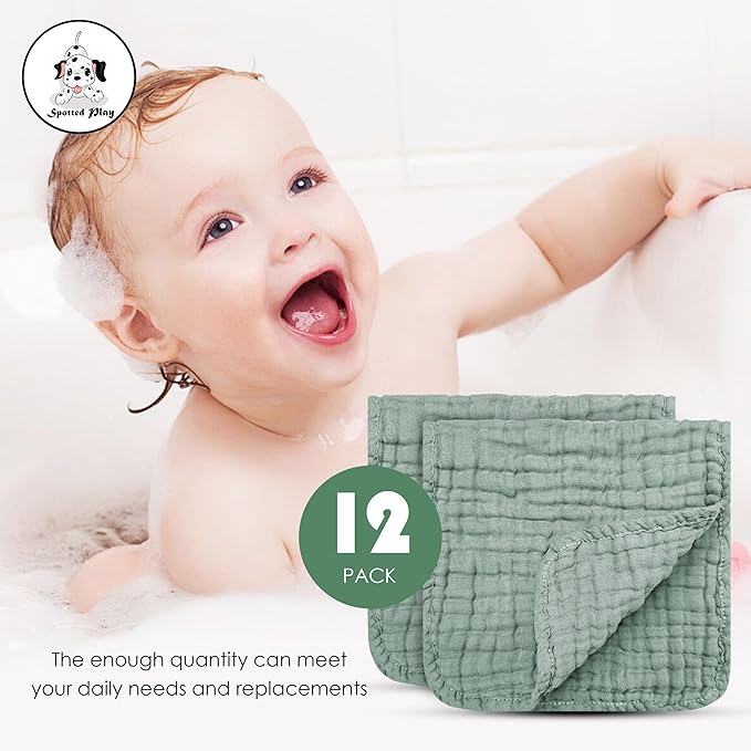 Muslin Burp Cloths 100% Cotton Large 20''x10'' Extra Soft and Absorbent Baby Wash Cloths Spit Up Rags - Baby Burping Cloth for Boys Girls Items(12 Pack Green)