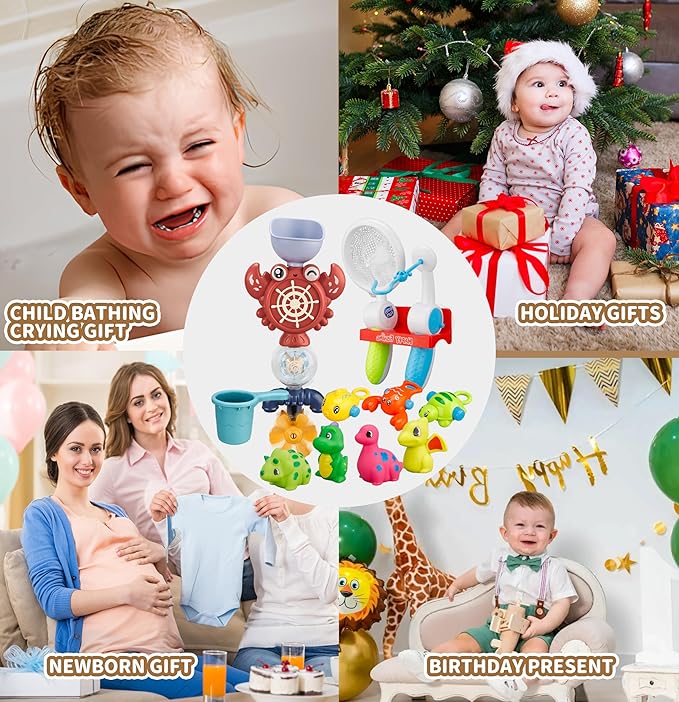 Bath Toys Set, Toddlers Bath Toys 1-3, Kid Bathtub Toy with 4pcs Dinosaur Water Spray, Fishing Games with Fish Net, Water Pool Toy , Shower Toy Gift for Boy Girl Infant