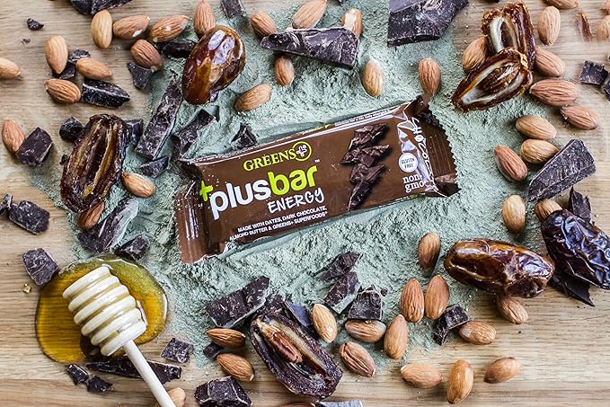 Greens+ Plusbar Energy Bars, Chocolate, Gluten Free Healthy Snacks with Organic Super Greens, Superfoods & Dark Chocolate, Vegan, Dairy Free & Non GMO, 8g Protein Meal Replacement Bars, 12 Bars