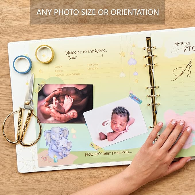 Leather-Bound Baby Memory Book Boy Girl - Beautiful Baby Scrapbook Album with Monthly Milestone Stickers | Loose-Leaf Elephant Baby Book Memory Keepsake Journal for Newborns