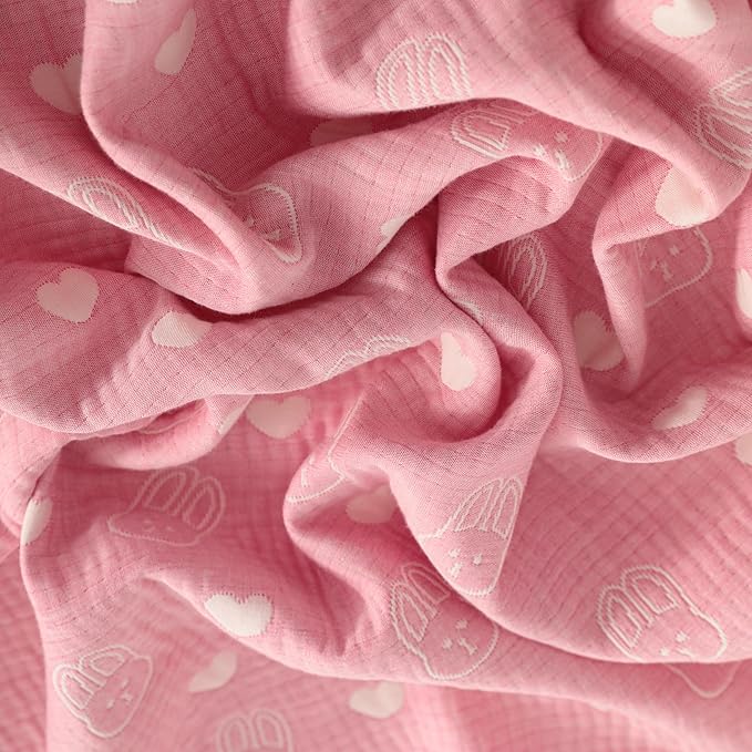 NTBAY 3 Layer Oversized Muslin Cotton Toddler Blanket, Jacquard Reversible Nursery Bed Blanket, Super Soft and Thermal for All Seasons, Baby Gift, 45"x60", Pink Rabbit