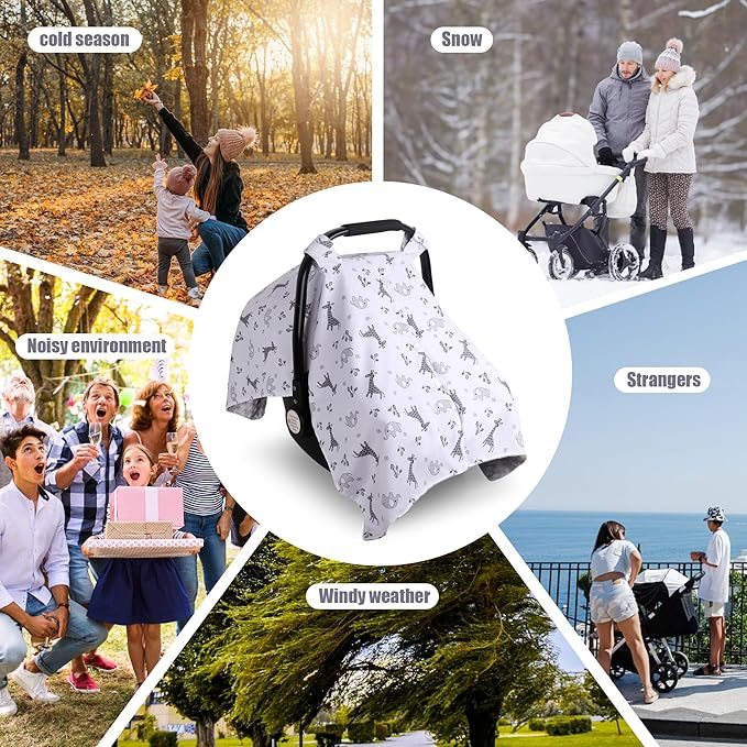 Metplus 2 in 1 Baby Car Seat Cover, Car Seat Canopy for Babies, Mom Nursing Cover, Minky Baby Carrier Covers, Newborn Boy Girl Shower Gift, Elephant Giraffe