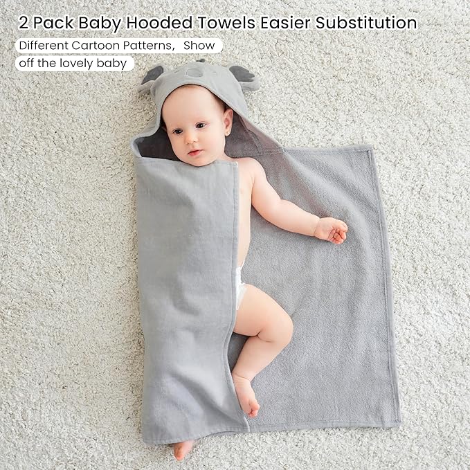Mooreeke 2 Pack Baby Towels - 100% Cotton Baby Hooded Towels - Soft Baby Bath Towels with Hood for Newborn - Comfort Towels for Baby Girls and Boys - Animal Shaped Design (Puppy & Elephant)