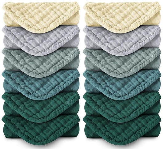 Muslin Burp Cloths 100% Cotton Large 20''x10'' Extra Soft and Absorbent Baby Wash Cloths Spit Up Rags - Baby Burping Cloth for Boys Girls Items(12 Pack Ivory, Slate and Emerald Series)