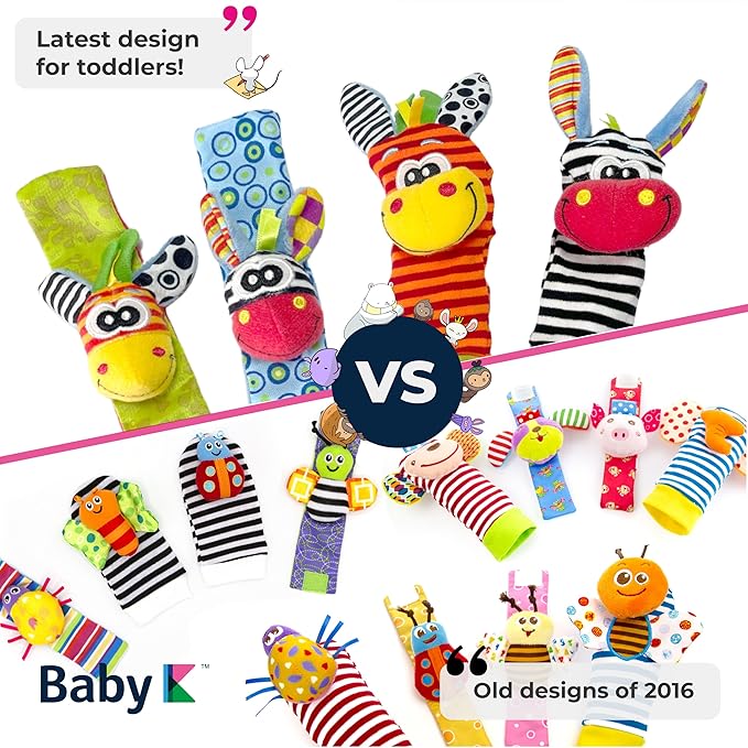 BABY K Foot Finder Socks & Wrist Rattles (Set H) - Newborn Toys for Baby Boy or Girl - Brain Development Infant Toys - Hand and Foot Rattles Suitable for 0-3, 3-6, 6-12 Months Babies