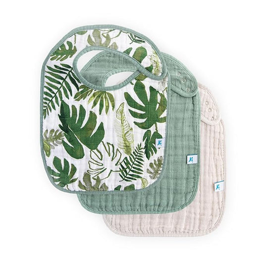 Little Unicorn Premium Classic Bib 3 pack | Adjustable as baby grows | Soft fabric on skin | Great for first time eaters (Tropical Leaf)