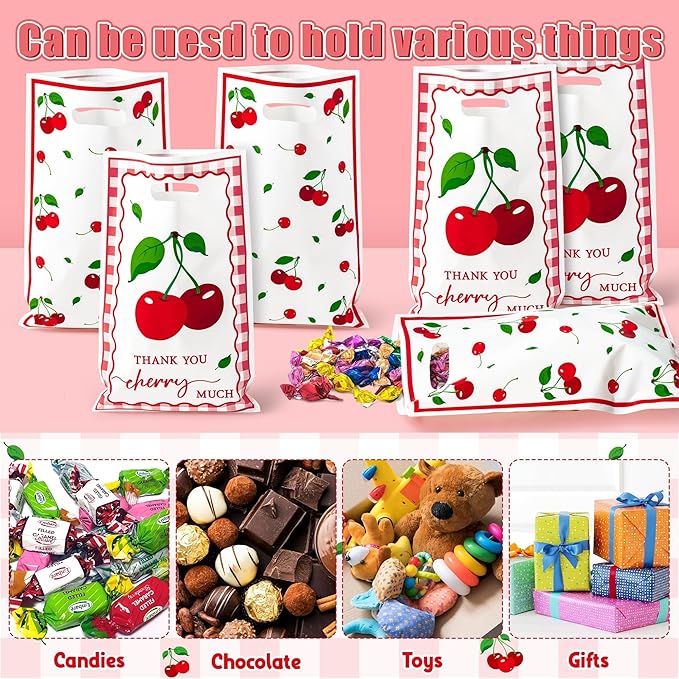 Cherry Party Favor Bags - 50Pcs Red Sweet Cherries Goody Candy Treat Gifts Bags, Fruit Berry Themed Party Decorations for Kids Girls Boys Birthday Baby Shower Fruit Events Supplies