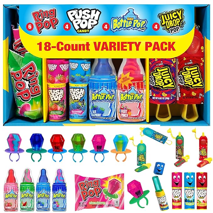 Candy Variety Pack, 18 Count Assorted Lollipops, Bulk Individually Wrapped Ring Pop, Push Pop, Baby Bottle Pop & Juicy Drop, Ideal for Birthdays, Party Favors for Kids & Hard Candy Gifts
