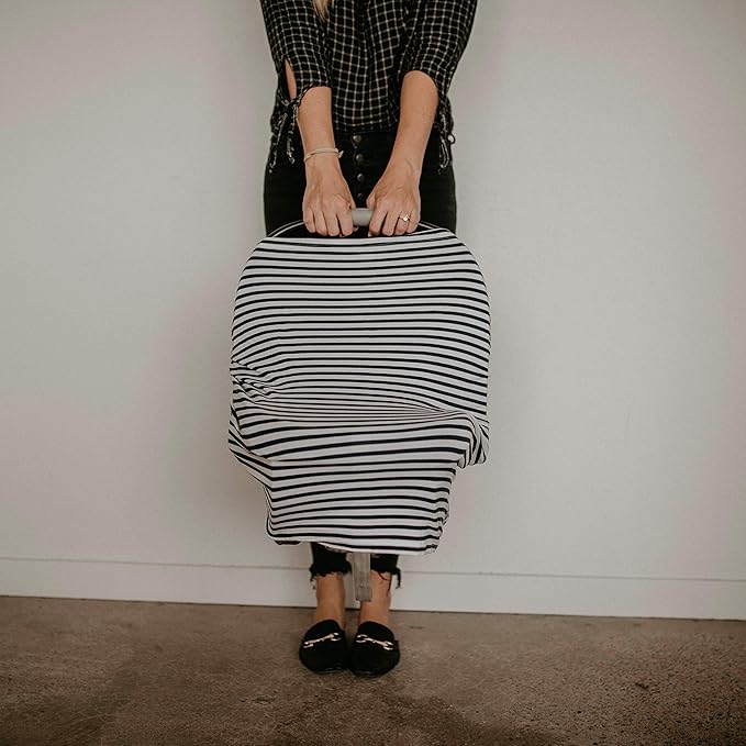 Parker Baby 4 in 1 Car Seat Cover for Boys - Stretchy Carseat Canopy, Nursing Cover, Grocery Cart Cover, High Chair Cover - Navy/White Stripes