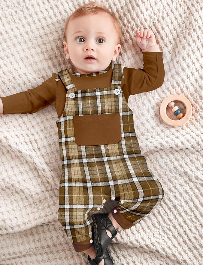 Baby Boy Clothes Long Sleeve Animal Plaid Romper + Overalls Infant Boy Clothes 2PCS Fall Winter Outfits