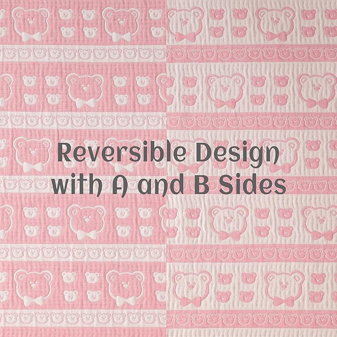 NTBAY 3 Layer Muslin Cotton Toddler Blanket, Jacquard Reversible Nursery Bed Blanket, Super Soft and Thermal for All Seasons, Decoration Gift, 30"x40", Pink Bear