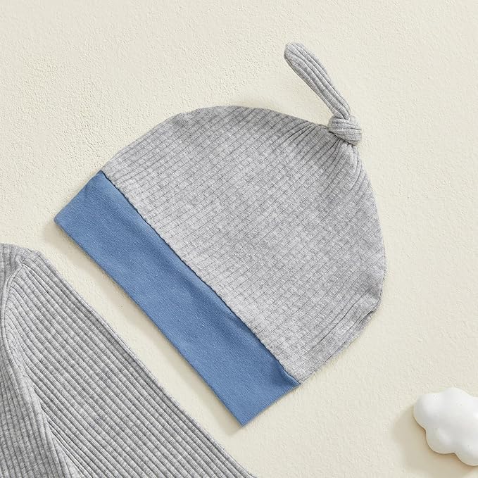 fhutpw Newborn Baby Boy Clothes Ribbed Knit Bodysuit 3 6 Months Infant Fall Long Sleeve Splicing Color Romper Jumpsuit & Hat