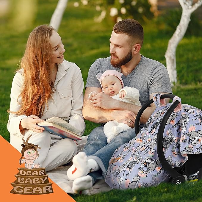 Dear Baby Gear Car Seat Cover for Boys & Girls - Baby Carseat Canopy w/Snap Opening - Infant Seat Cover - Stroller & Nursing Covers - Newborn Carrier Canopy - 40x30(Gray Horses Lavender Pink Floral)