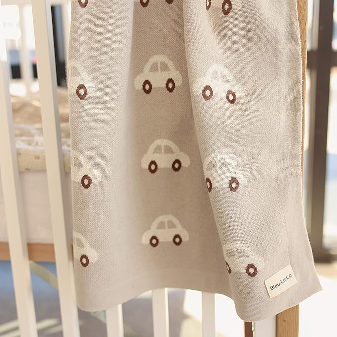 Knit Baby Blanket for Girls and Boys 100% Cotton Buttery Soft Cozy Receiving Swaddle Stroller Blanket for Shower Gift Registry for Newborns, Infants, Toddlers (Cars - Cream)