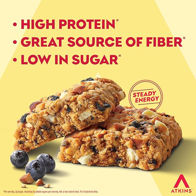 Atkins Soft Baked Protein Bars, Blueberry, 15g Protein, 2g Sugar, Excellent Source of Fiber, Low Carb, 6 Packs (4 Bars Each)