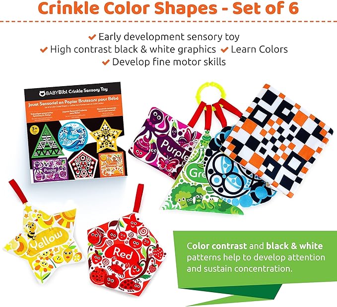High Contrast Crinkle Paper Shapes - Baby Sensory Toys for Visual Development, Tummy Time - Crib, Stroller & Car Seat Crinkle Toys for Babies & Infants 3 Months+