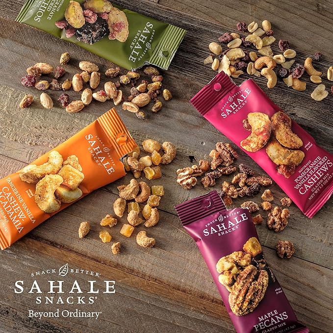 Sahale Snacks Glazed Mix Nut Blend Variety Pack, 1.5 Oz Grab & Go Bags (12 Total Packs) - Four Different Dry-Roasted Deluxe Mixed Nuts Blends Included - Non-GMO Kosher & Certified Gluten-Free Snacks
