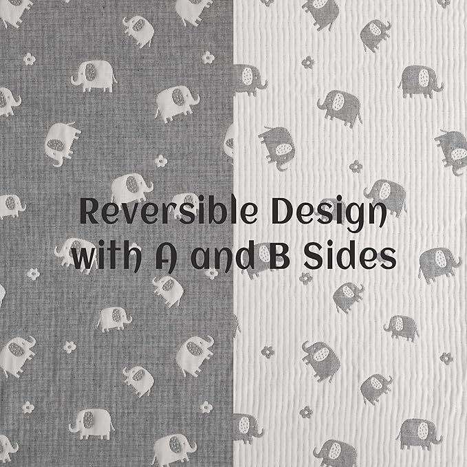 NTBAY 3 Layer Oversized Muslin Cotton Toddler Blanket, Jacquard Reversible Nursery Bed Blanket, Super Soft and Thermal for All Seasons, Baby Gift, 45"x60", Dark Grey Elephant