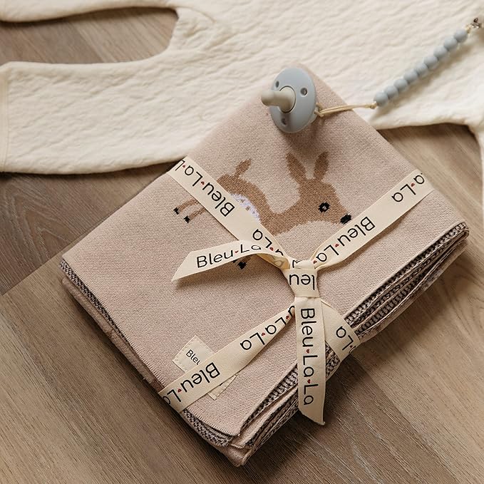 Knit Baby Swaddle Blanket - 100% Cotton Soft Cozy Receiving Swaddling Stroller Blanket Quilt for Shower Gift Registry for Newborns Infants Toddlers Gender Neutral (Deer - Taupe)