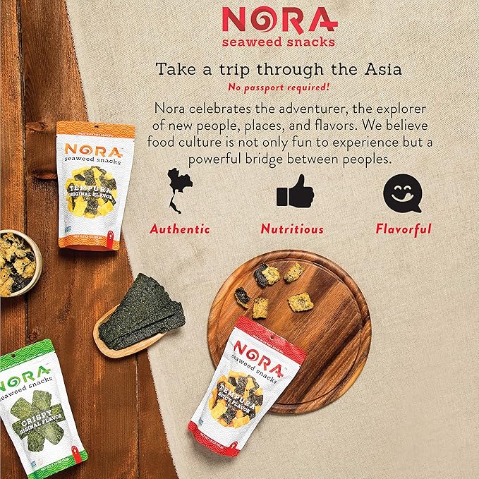 Original Crispy Seaweed Snacks by Nora, Low-Carb Healthy Snacks for Adults, Thick Nori Sheets Snack Strips, Asian Snacks, Vegan, Gluten-Free, Non-GMO, 6-Pack