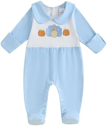 woshilaocai Baby Fall Outfit Boy Girl Plaid Embroidered Collar Romper Footie Infant Halloween Clothes