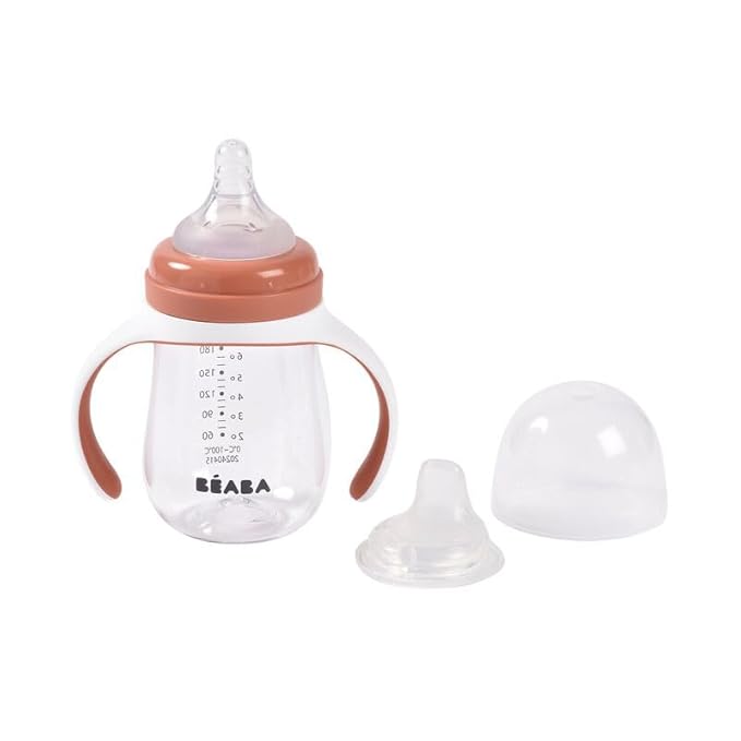 BEABA 2-in-1 Baby Bottle to Transition Sippy Cup, No Spill Sippy Cup, Includes Removable Handles, Silicone Baby Bottle Nipple and Soft Spout, 7 oz Terracotta