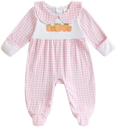 woshilaocai Baby Fall Outfit Boy Girl Plaid Embroidered Collar Romper Footie Infant Halloween Clothes