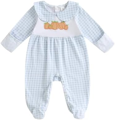 woshilaocai Baby Fall Outfit Boy Girl Plaid Embroidered Collar Romper Footie Infant Halloween Clothes