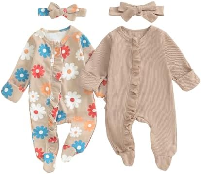 Baby Girl Footies Newborn Zipper Sleeper 2 Pack Ruffle Pajamas Romper Coming Home Outfit