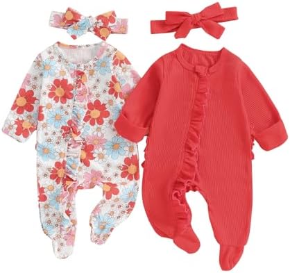 Baby Girl Footies Newborn Zipper Sleeper 2 Pack Ruffle Pajamas Romper Coming Home Outfit
