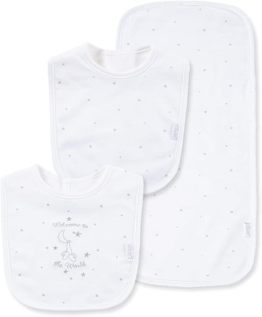 Little Me Clothes for Baby Boys’ and Girls’ 2 Bibs and 1 Burp Cloth Set, Soft Cotton Feeding Essentials with Velcro Closures