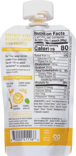 Serenity Kids Bone Broth Puree Made With Organic Veggies | Clean Label Project Purity Award Certified | 3.5 Ounce BPA-Free Pouch | Pasture Raised Turmeric Chicken | 1 Count (Pack of 2)