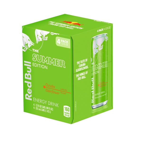 Red Bull Green Edition Energy Drink, Curuba Elderflower, with 114mg Caffeine plus Taurine & B Vitamins, 12 Fl Oz, Pack of 4 Cans