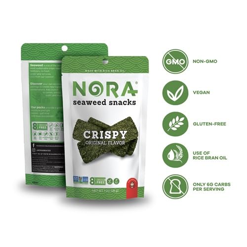 Original Crispy Seaweed Snacks by Nora, Low-Carb Healthy Snacks for Adults, Thick Nori Sheets Snack Strips, Asian Snacks, Vegan, Gluten-Free, Non-GMO, 6-Pack