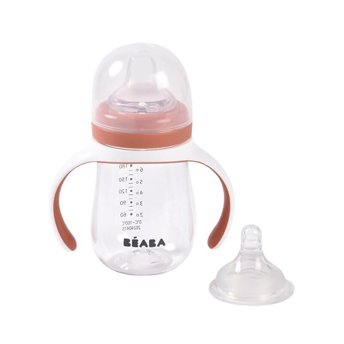 BEABA 2-in-1 Baby Bottle to Transition Sippy Cup, No Spill Sippy Cup, Includes Removable Handles, Silicone Baby Bottle Nipple and Soft Spout, 7 oz Terracotta