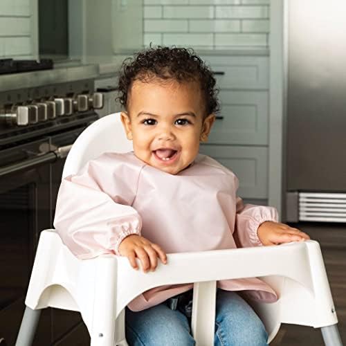 Tiny Twinkle Mess Proof Baby Bibs, 2pk Waterproof Smock Baby Bibs for Eating, Machine Washable Long Sleeve Bibs, Baby Led Weaning, Toddler Bibs, BLW Supplies (Rose Burgundy, Small 6-24 Months)