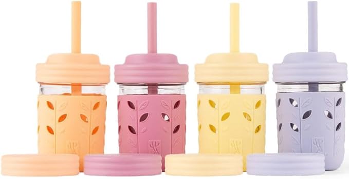 Elk and Friends Kids & Toddler Cups | The Original Glass Mason jars 8 oz with Silicone Sleeves & Silicone Straws with Stoppers | Smoothie Cups | Spill Proof Sippy Cups for Toddlers | 4 Pack