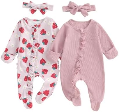 Baby Girl Footies Newborn Zipper Sleeper 2 Pack Ruffle Pajamas Romper Coming Home Outfit
