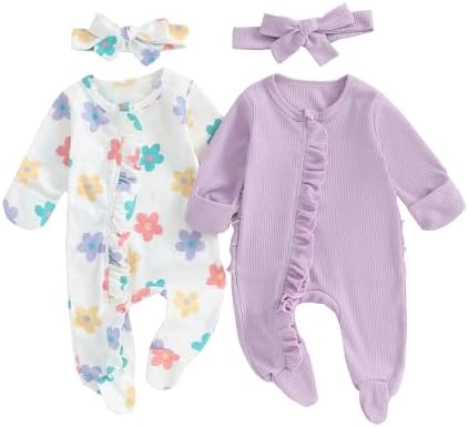 Baby Girl Footies Newborn Zipper Sleeper 2 Pack Ruffle Pajamas Romper Coming Home Outfit