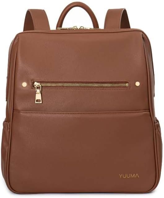 YUUMA Collection Original Diaper Backpack - Vegan Leather Baby Bag - Gold Zipper - Multiple Pockets - Easy Clean Nylon Interior - Many Colors - Modern Diaper Bag (Cinnamon)