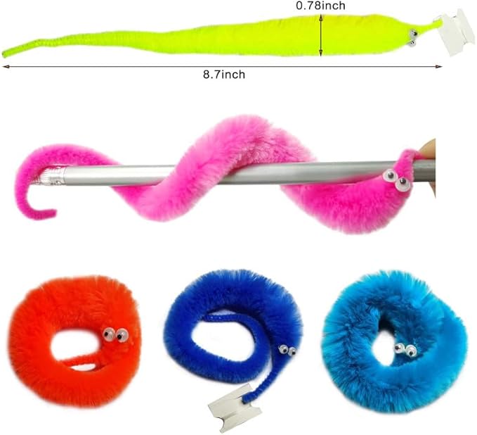 60 Pack Fuzzy Worm Toys String Pets Fuzzy Worms On String Bulk Trick Toy Party Favors for Kid Cat (12 Colors)