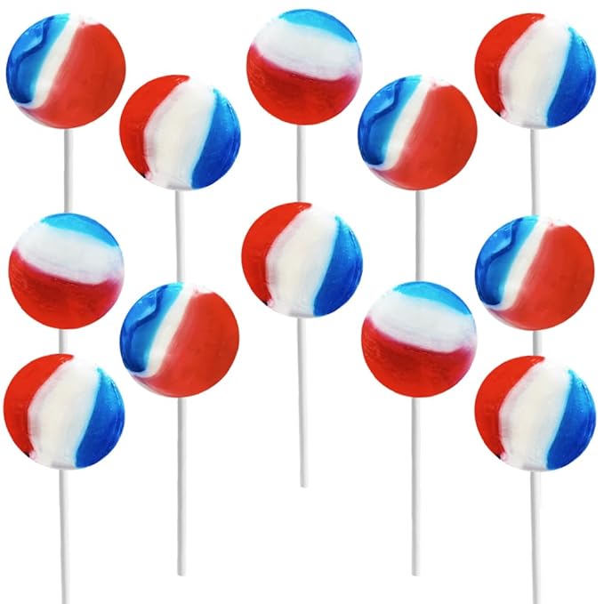 Patriotic Striped Cherry Lollipop Suckers, USA Patriotic Red, White & Blue, Hard Candy Treats, Kosher Certified, Individually Wrapped (600 Lollipops)