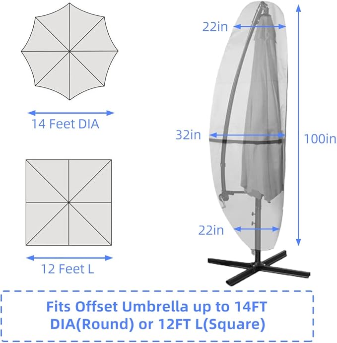 Patio Umbrella Parasol Cover - 600D Waterproof Anti-UV Fits 12-14 Feet